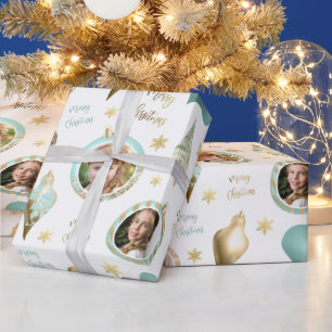 Personalized Christmas Aqua Gold Photo Ornament Wrapping Paper