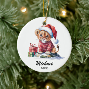 Personalized Christmas Baby lion with Santa Hat Ceramic Ornament