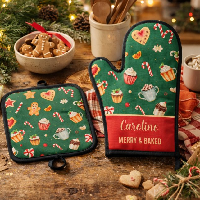 Personalized Christmas Baking Pattern Oven Mitt & Pot Holder Set (Creator Uploaded)
