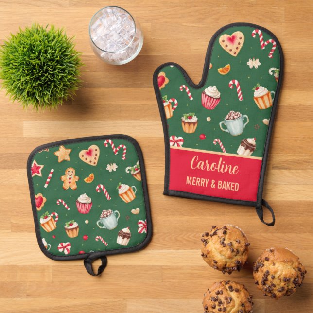 Personalized Christmas Baking Pattern Oven Mitt & Pot Holder Set (Top Down)