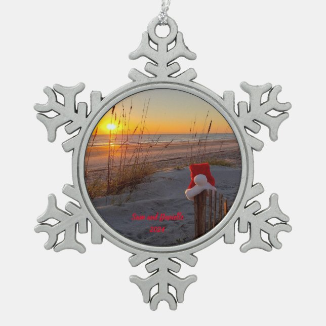 Personalized Christmas beach Santa hat Ornament (Front)