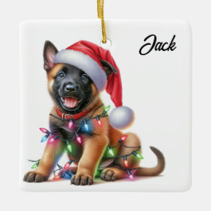 Personalized Christmas Belgian Malinois Puppy Ceramic Ornament