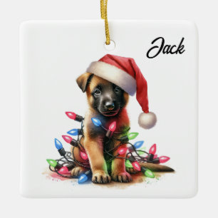 Personalized Christmas Belgian Malinois Puppy Ceramic Ornament