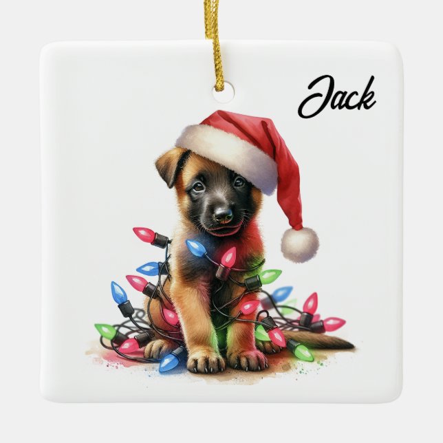 Personalized Christmas Belgian Malinois Puppy Ceramic Ornament (Front)