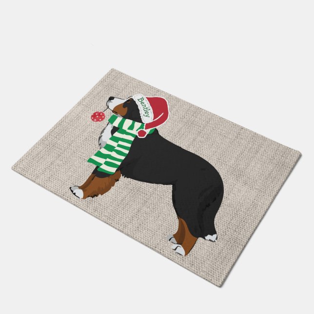 Personalized Christmas Bernese Mountain Dog Burlap Doormat (Angled)