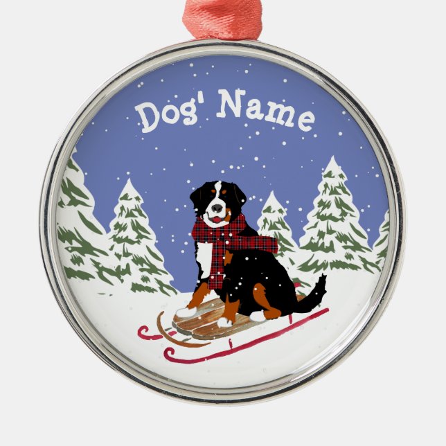 Personalized Christmas Bernese Mt Dog Sledding Metal Ornament (Front)