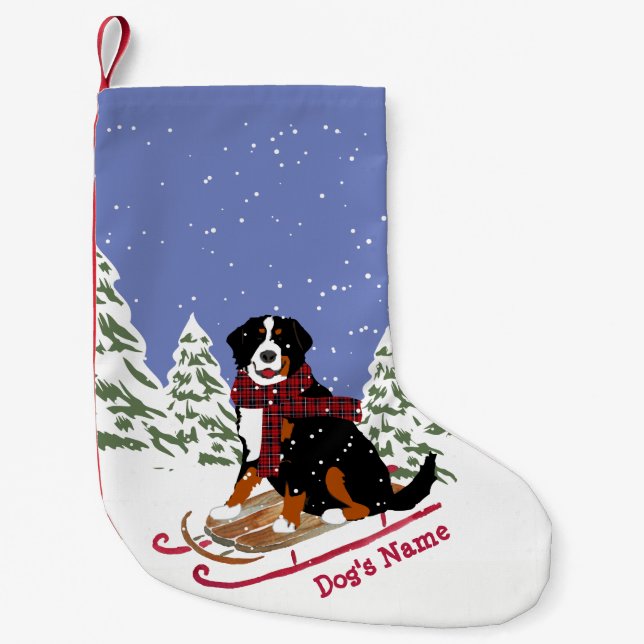 Personalized Christmas Bernese Mt Dog Sledding Small Christmas Stocking (Front)
