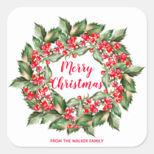 Personalized Christmas Berries Wreath Square Sticker