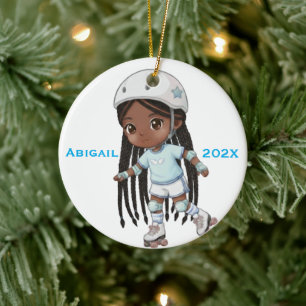 Personalized Christmas Black Girl Roller Skating Ceramic Ornament