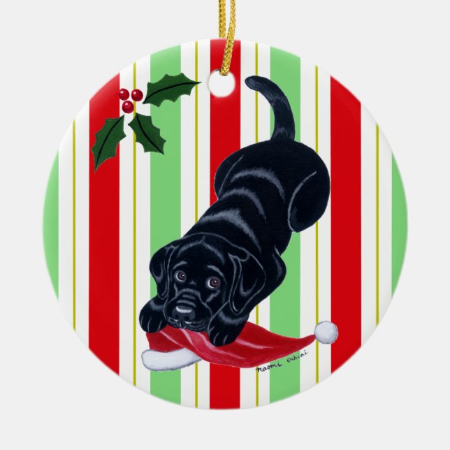 Personalized Christmas Black Lab Puppy Ceramic Ornament (Front)