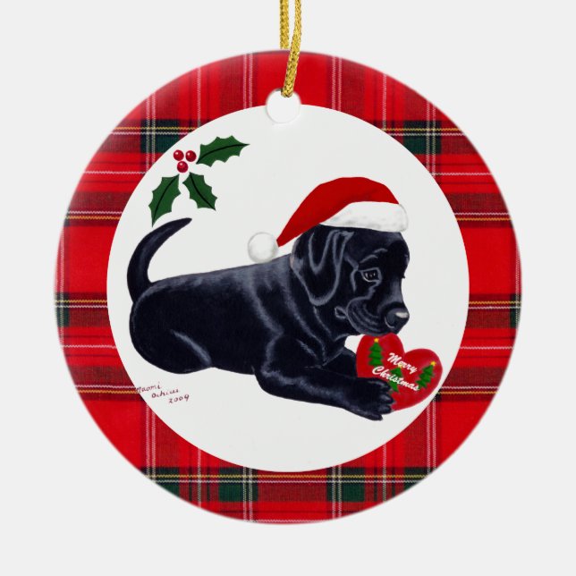 Personalized Christmas Black Lab Puppy Ceramic Ornament (Front)