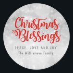 Personalized Christmas Blessings Silver and Red Classic Round Sticker<br><div class="desc">Beautiful and traditional Christmas Blessings silver envelope seal or Christmas sticker. It begins with a soft silver grey background that has soft circles and dots of light in it. Christmas Blessings is written in a holiday red script font. Peace, Love and Joy is written below. in dark grey capital letters....</div>
