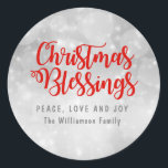 Personalized Christmas Blessings Silver and Red Classic Round Sticker<br><div class="desc">Beautiful and traditional Christmas Blessings silver envelope seal or Christmas sticker. It begins with a soft silver grey background that has soft circles and dots of light in it. Christmas Blessings is written in a holiday red script font. Peace, Love and Joy is written below. in dark grey capital letters....</div>