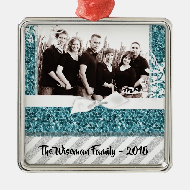 Personalized Christmas Blue Glitter PHOTO Ornament (Front)