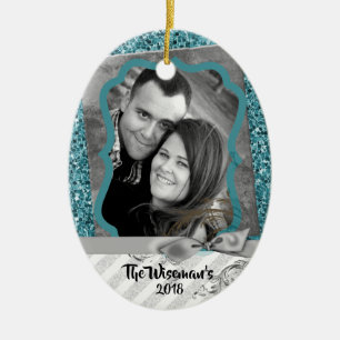 Personalized Christmas Blue Glitter PHOTO Ornament
