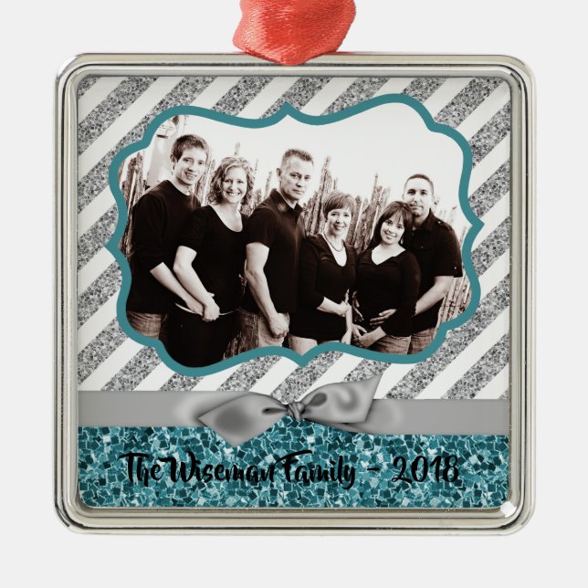 Personalized Christmas Blue Glitter PHOTO Ornament (Front)