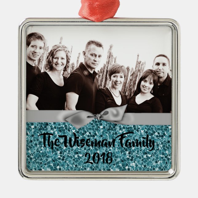 Personalized Christmas Blue Glitter PHOTO Ornament (Front)
