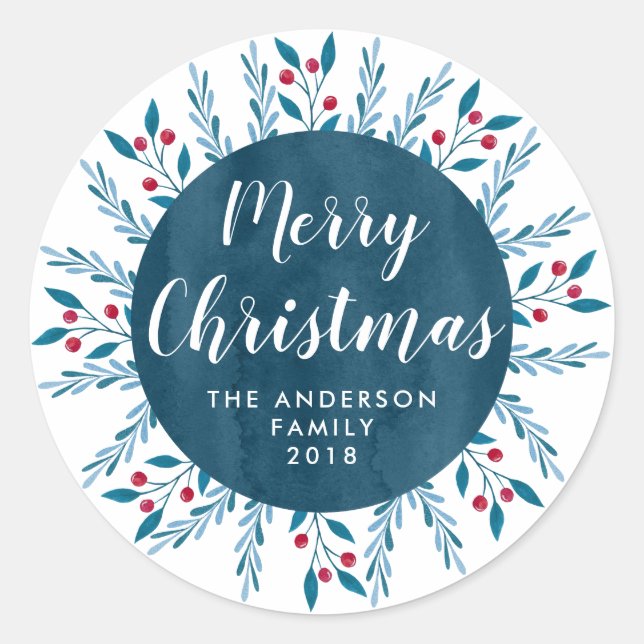Personalized Christmas Blue Watercolor Floral Classic Round Sticker (Front)