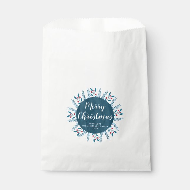 Personalized Christmas Blue Watercolor Floral Favour Bag (Front)
