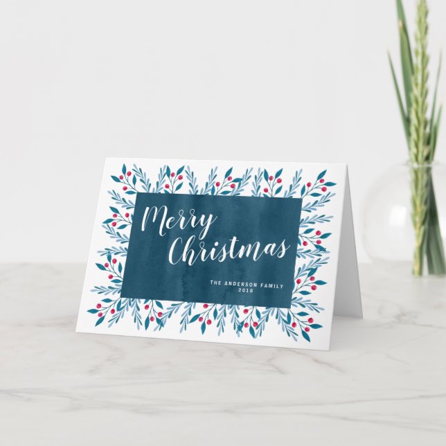 Personalized Christmas Blue Watercolor Floral Holiday Card (Front)