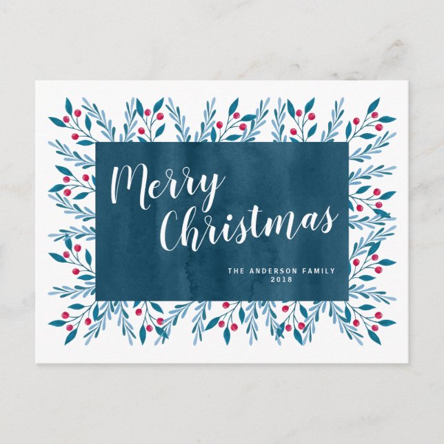 Personalized Christmas Blue Watercolor Floral Holiday Postcard (Front)
