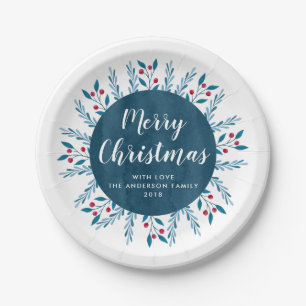 Personalized Christmas Blue Watercolor Floral Paper Plate