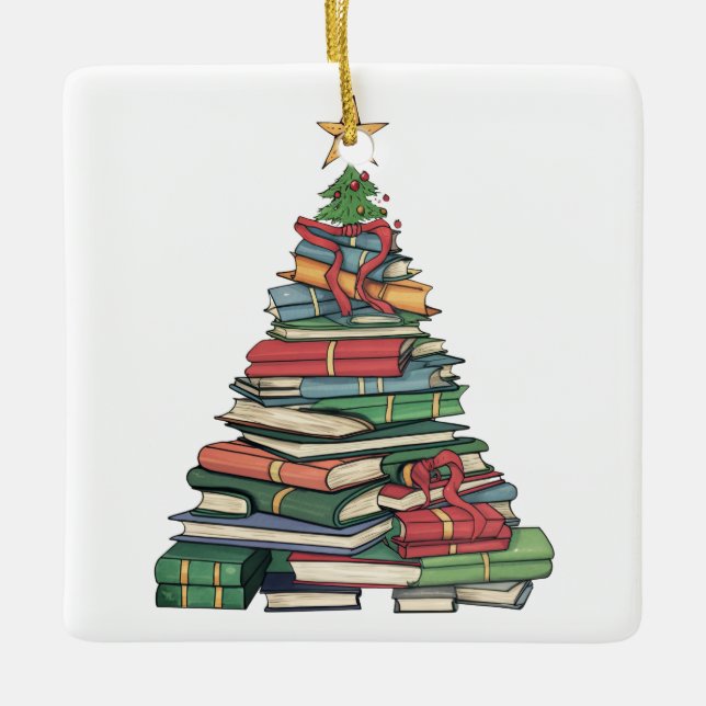 Personalized Christmas Book Tree-Teacher/Librarian Ceramic Ornament (Front)