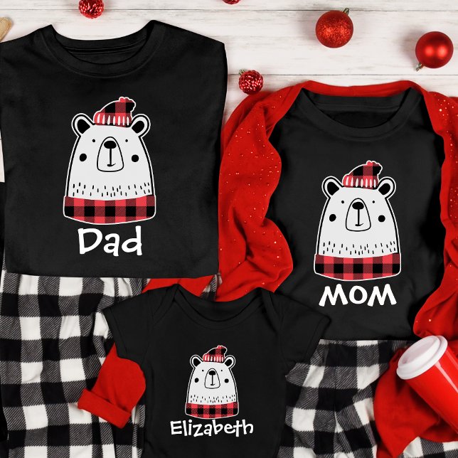 Personalized Christmas Buffalo Plaid Bear Family T-Shirt (Creator Uploaded)