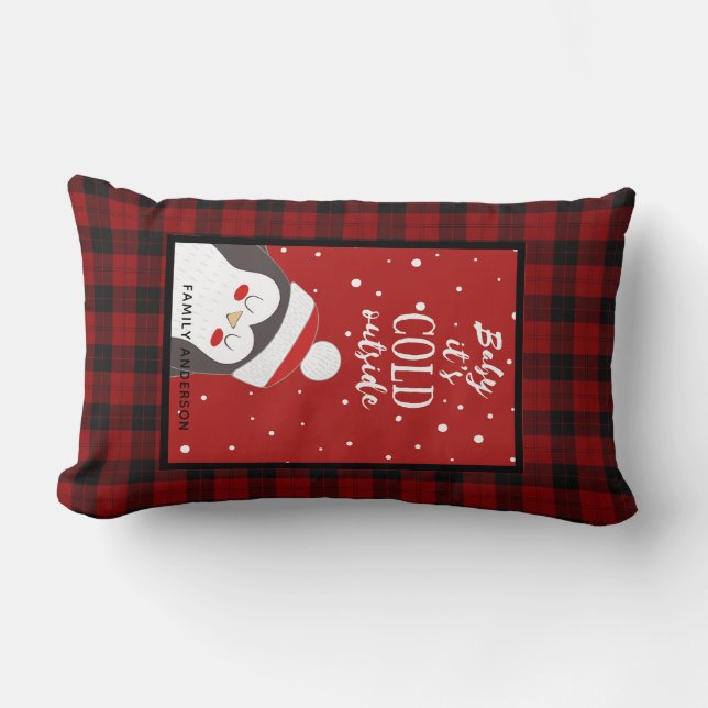 Personalized Christmas Buffalo Plaid Penguin Cute Lumbar Pillow (Front)