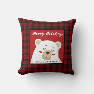 Personalized Christmas Buffalo Plaid Polar Bear Throw Pillow