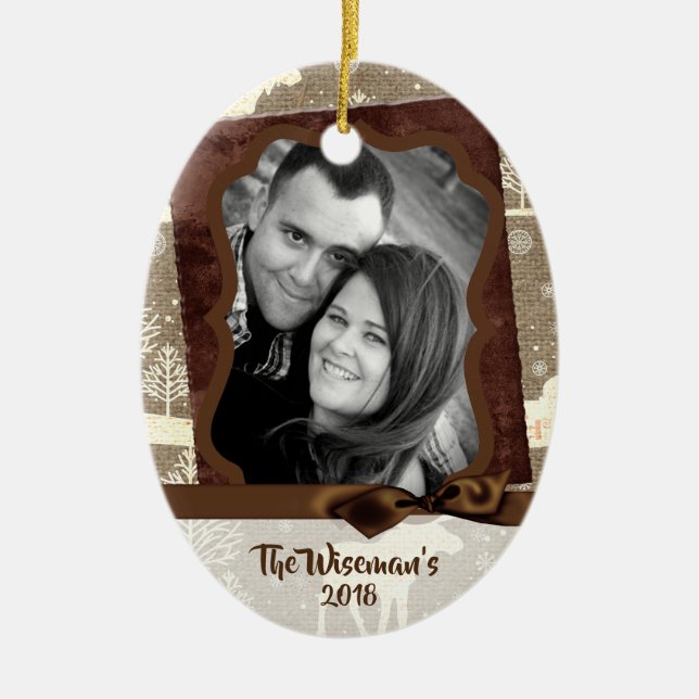 Personalized Christmas Burlap Deer PHOTO Ornament (Front)
