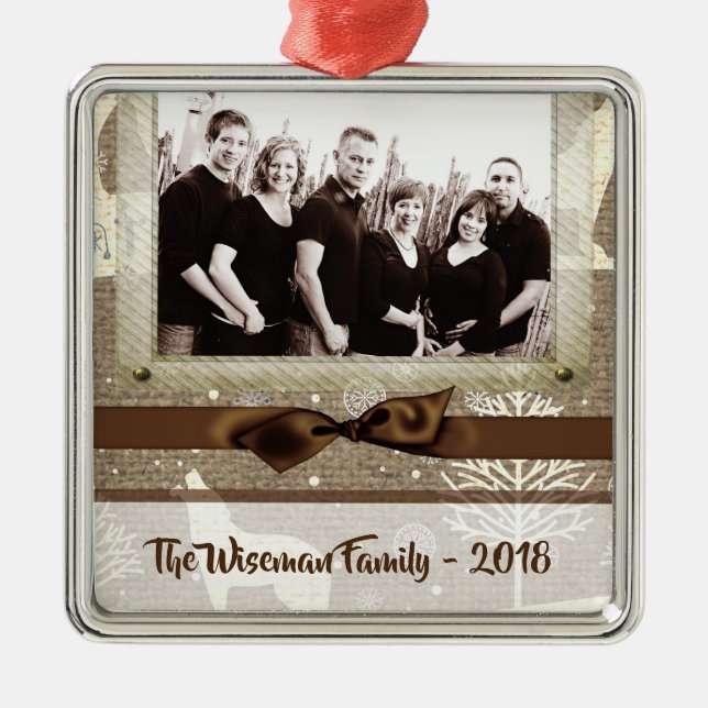 Personalized  Christmas Burlap Deer PHOTO Ornament (Front)
