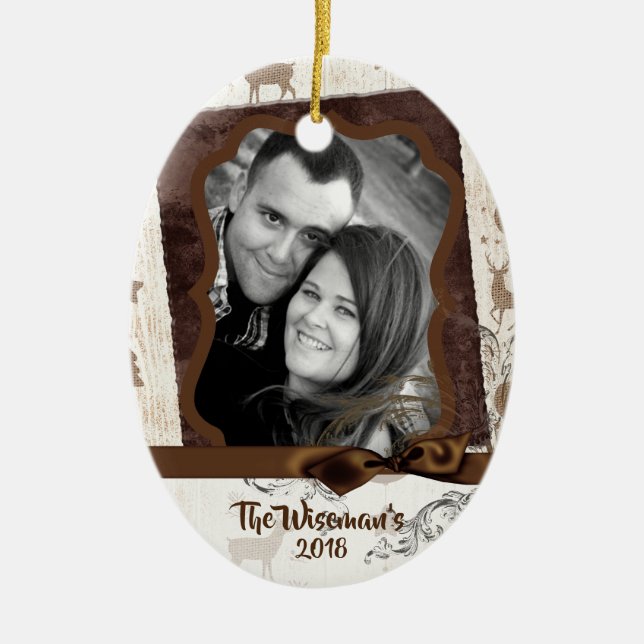 Personalized Christmas Burlap Deer PHOTO Ornament (Front)