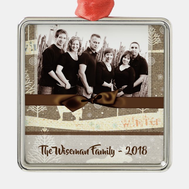 Personalized Christmas Burlap Deer  PHOTO Ornament (Front)
