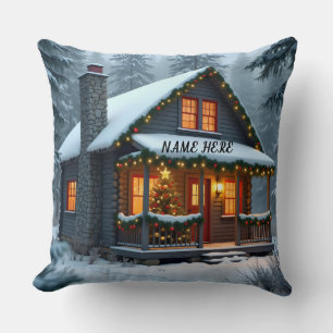 Personalized Christmas Cabin 2 Throw Pillow