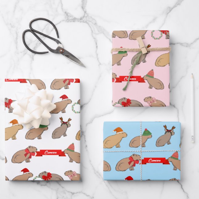 Personalized Christmas Capybara Cute Wildlife Wrapping Paper Sheet (Front)
