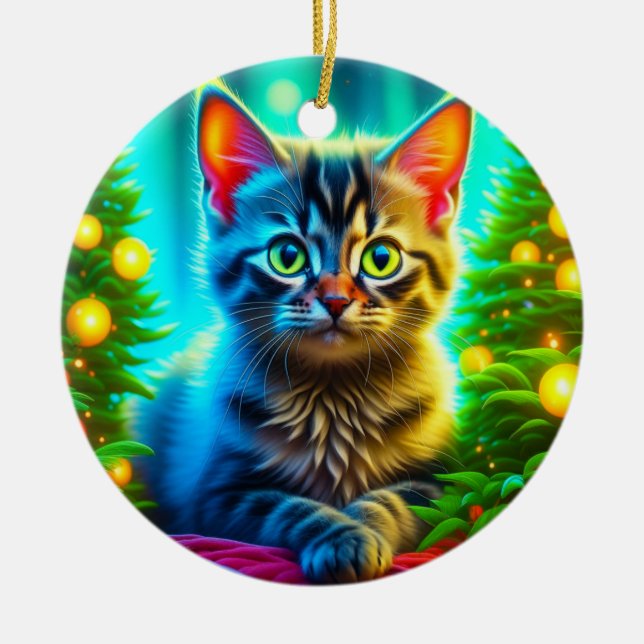 Personalized Christmas Cat and Christmas Trees Ceramic Ornament (Front)