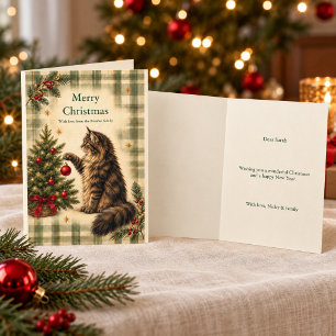 Personalized Christmas Cat Card Green Plaid