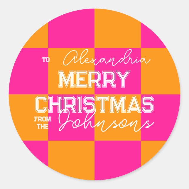 Personalized Christmas Check Hot Pink Orange Classic Round Sticker (Front)