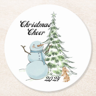 Personalized Christmas Cheer Snowman Round Paper Coaster