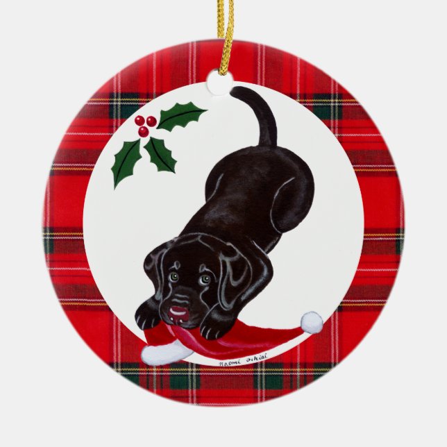 Personalized Christmas Chocolate Lab Puppy Ceramic Ornament (Front)
