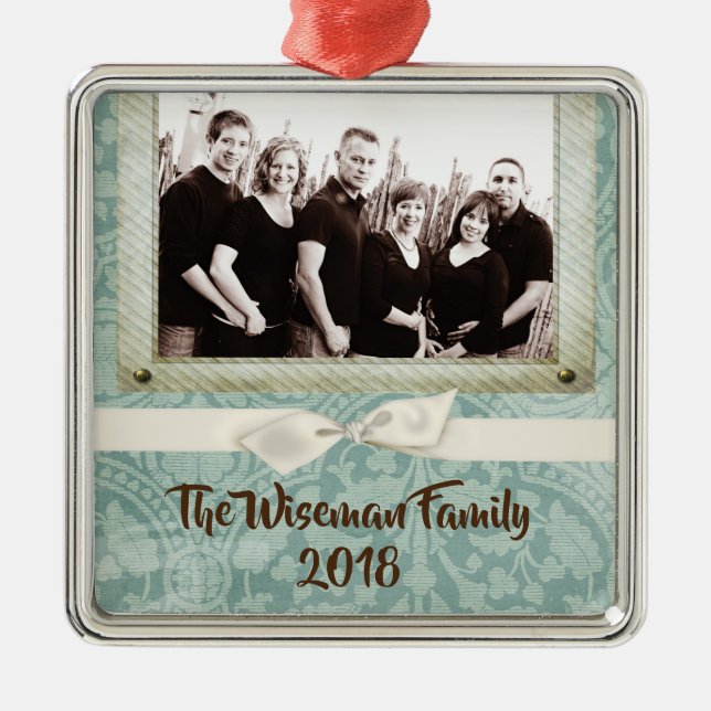 Personalized Christmas Damask Winte PHOTO Ornament (Front)