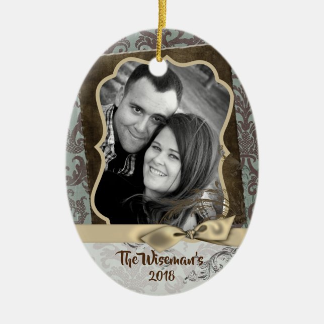 Personalized Christmas Damask Winte PHOTO Ornament (Front)