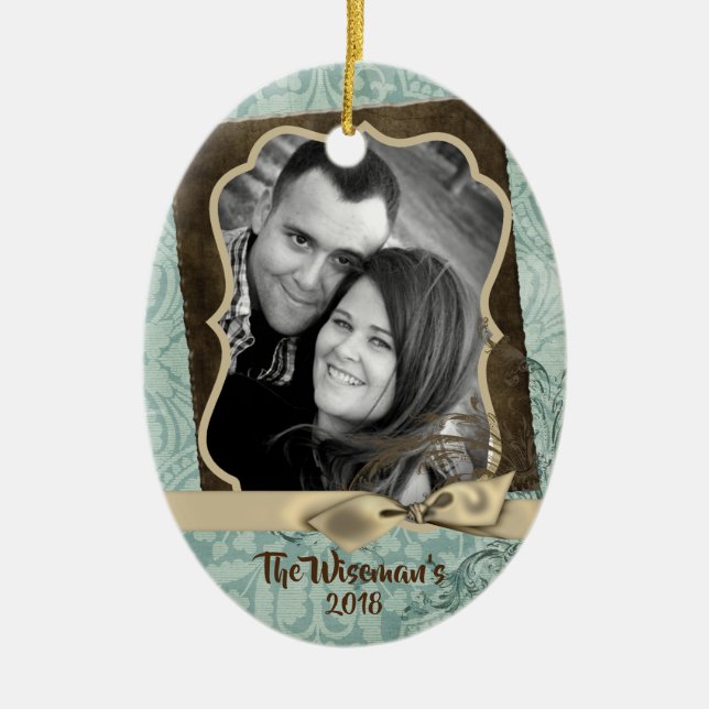 Personalized Christmas Damask Winte PHOTO Ornament (Front)