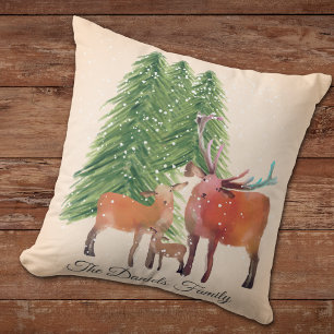 Personalized Christmas Deer Family Throw Pillow