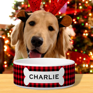 Personalized Christmas Dog Bowl Red Buffalo Plaid