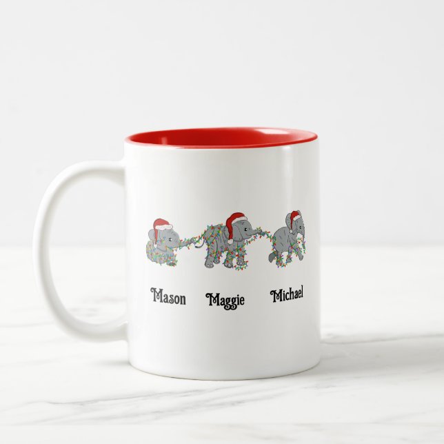 Personalized Christmas Elephant With Names Two-Tone Coffee Mug (Left)
