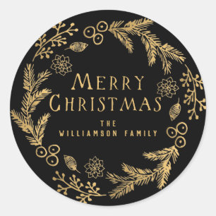 Personalized Christmas Envelope Seal, Black & Gold Classic Round Sticker