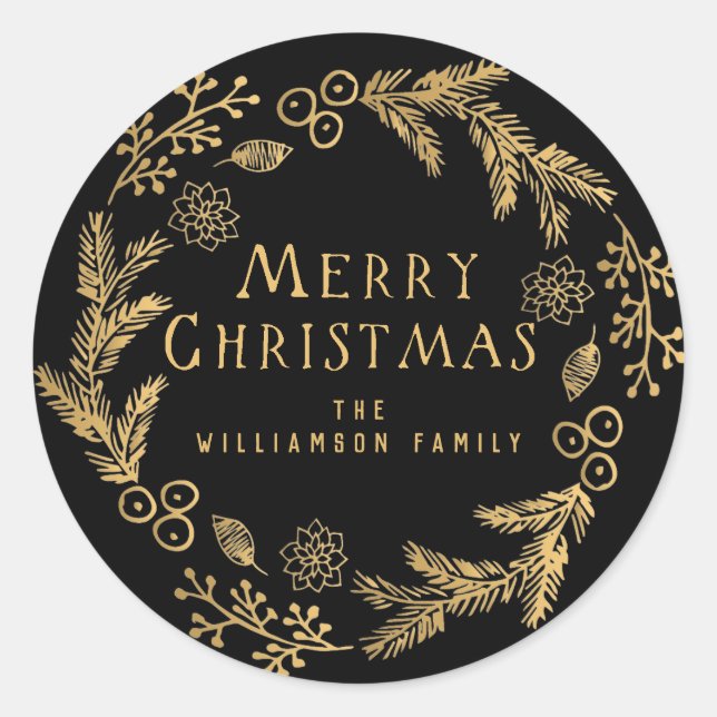Personalized Christmas Envelope Seal, Black & Gold Classic Round Sticker (Front)