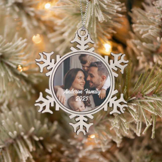 Personalized Christmas Family Custom Photo Text  Snowflake Pewter Christmas Ornament (Tree)